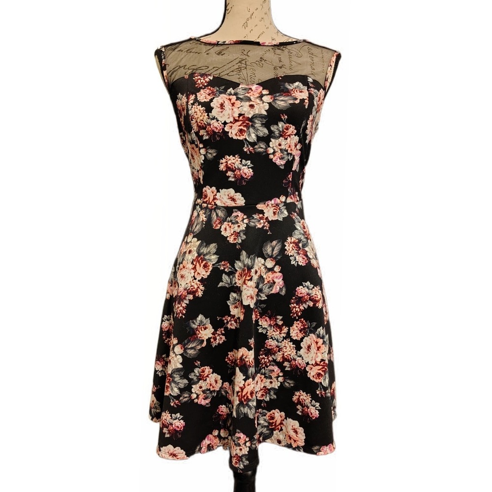 Womens Rose Floral Mesh Sweetheart Boat Neck Fit Flare Mini Dress M Romantic